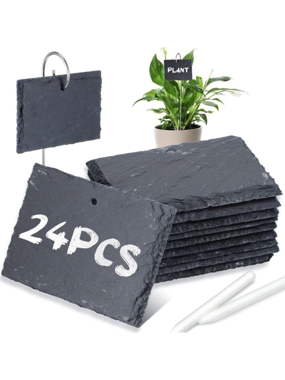 Reusable Slate Plant Labels - 24 Sets Weatherproof Garden Markers with Metal